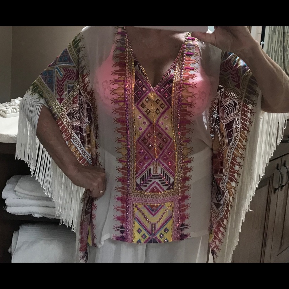 Taj by Sabrina silk embroidered sheer tassled cover up S